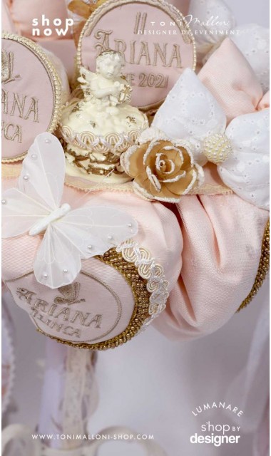 Lumanare botez cu fluturi si broderie personalizata gold 2